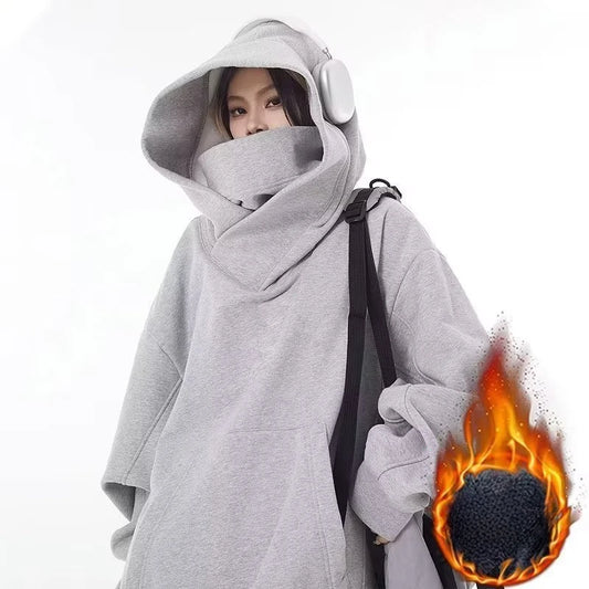 Moletom Masculino de Gola Alta Sólida Outono Ninja Moletom com Capuz Vintage Y2K de Lã Hip Hop Japonês Streetwear Oversized Hoodie