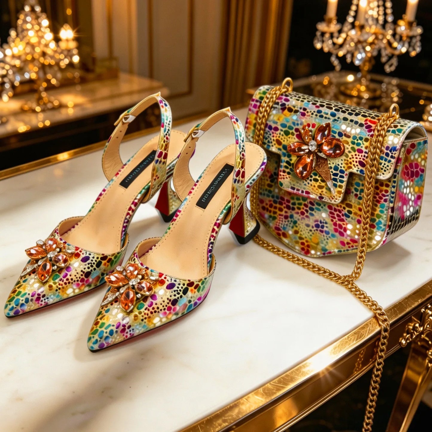 Colorful Rhinestone Pointed Toe High Heels & Matching Bag Set - Luxury Party Wedding Prom Shoes with Chain Purse