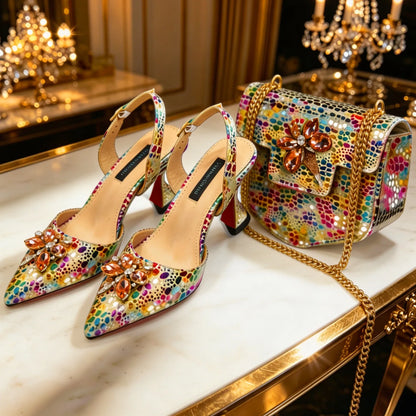 Colorful Rhinestone Pointed Toe High Heels & Matching Bag Set - Luxury Party Wedding Prom Shoes with Chain Purse