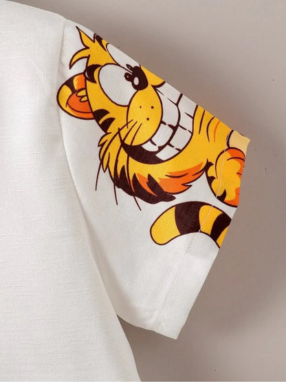 2PCS Summer Kid Boy Gentlemen Clothes Set Cartoon Pattern Lapel Collar Top with Shorts Birthday Party Wear for Toddler 1-6 Years
