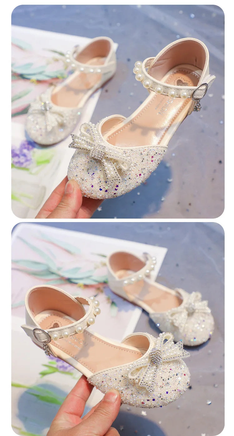 2026 Girls' Princess Shoes Spring And Summer Sandals White Flat Dress Shoes Pearl Decoration For Kids And Teens