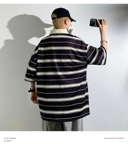 2024 New Summer Men POLO Shirt Trend Loose Clothing Students Short-sleeved T Shirt Tops Round Neck Five-quarter Sleeve Harajuku