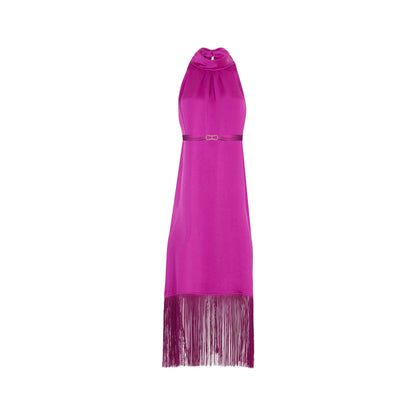 New Women Party Dress Hanging Neck Style Dress High Collar Sleeveless Fringe Skirt Hem Belt Evening Dresse