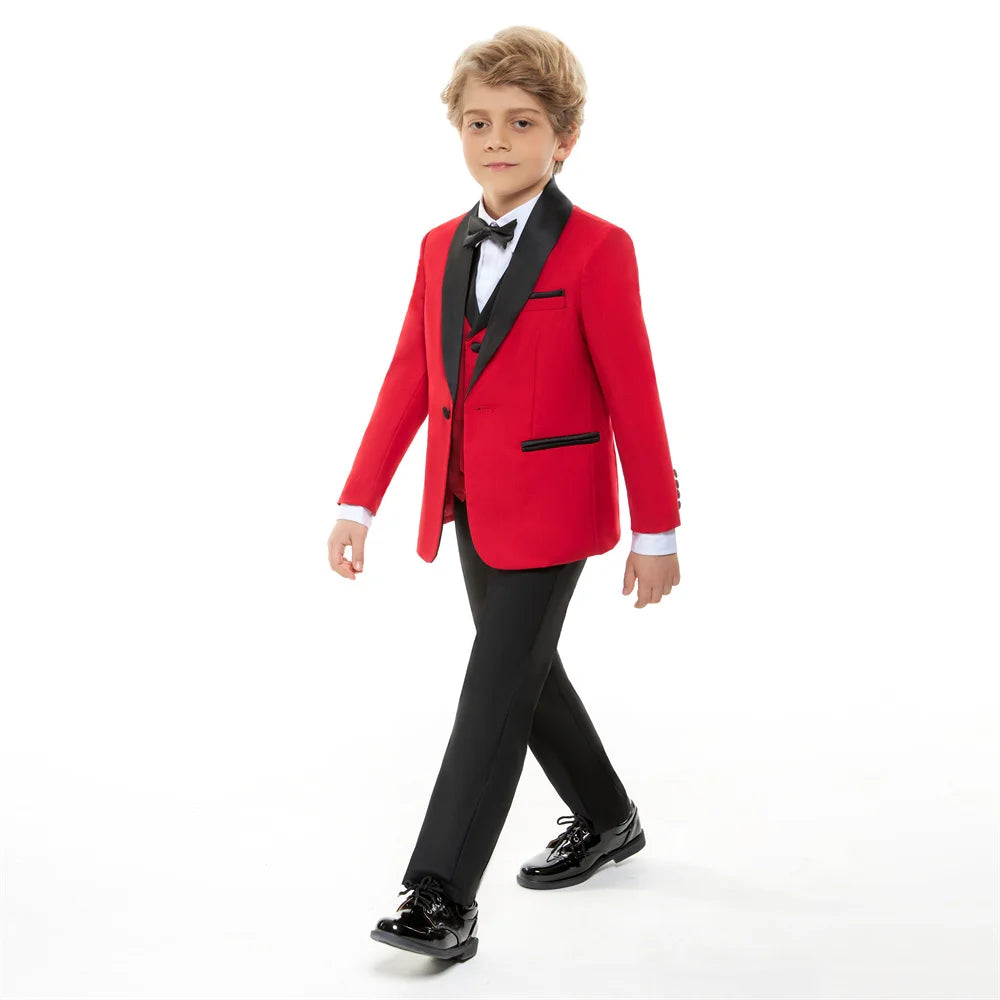 Boys' Formal Red  Black Tuxedo Suit with Black Bow Tie Elegant Flower Boy Outfit Weddings Kids' Formal Events  Special Occasions