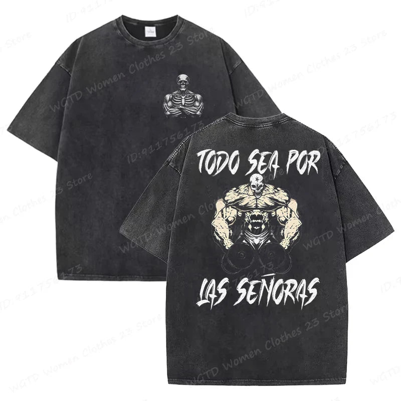 Calacas Chidas Gym Washed T-Shirts Men's Trendy Cool Skeleton & Gym Print Oversized Tshirt Summer Tees Streetwear Casual Tops
