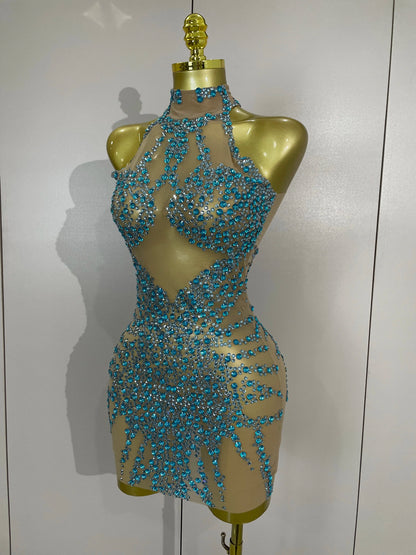 STOCK Sparkly Rhinestones Sexy Mesh See Through Dress Party Evening Prom Celebrate Birthday Dress Singer Dancer Show Stage Wear