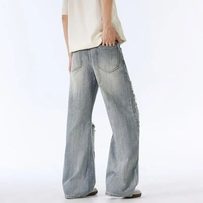 Male Ripped Pants Stretch Solid Blue Casual Men's Wide Leg Trousers Office Work Denim Pants Autumn Korean Vintage Straight Pants
