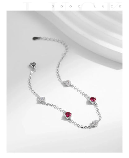 925 Sterling Silver Dazzling Prong Setting Round Red CZ Bracelet Link Chain Adjustable For Women Party Fine Jewelry Gift