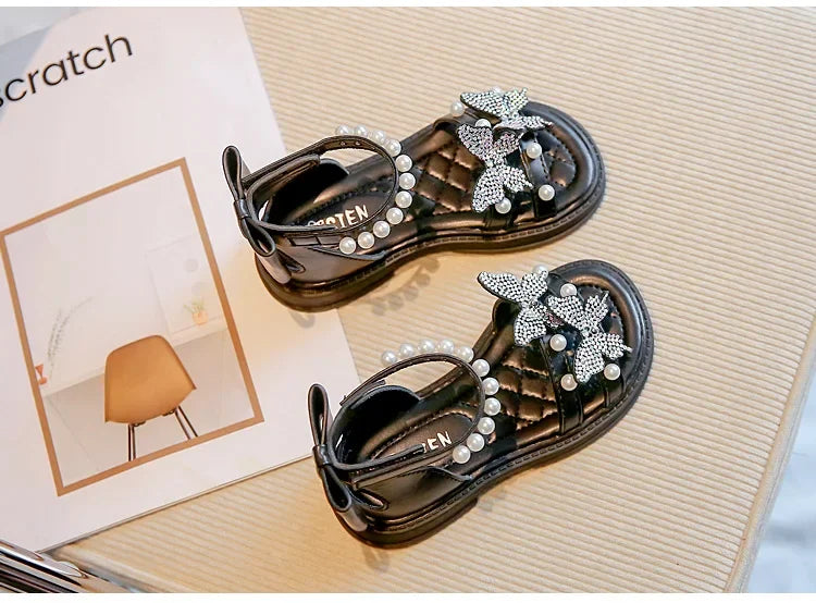 Kids Roman Sandals 2024 New Girls'  Princess Shoes with Butterfly Girl Fashion Sweet Pearl Beach Shoes with Back Knot Anti Slip