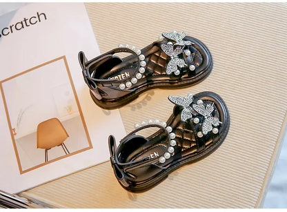 Kids Roman Sandals 2024 New Girls'  Princess Shoes with Butterfly Girl Fashion Sweet Pearl Beach Shoes with Back Knot Anti Slip