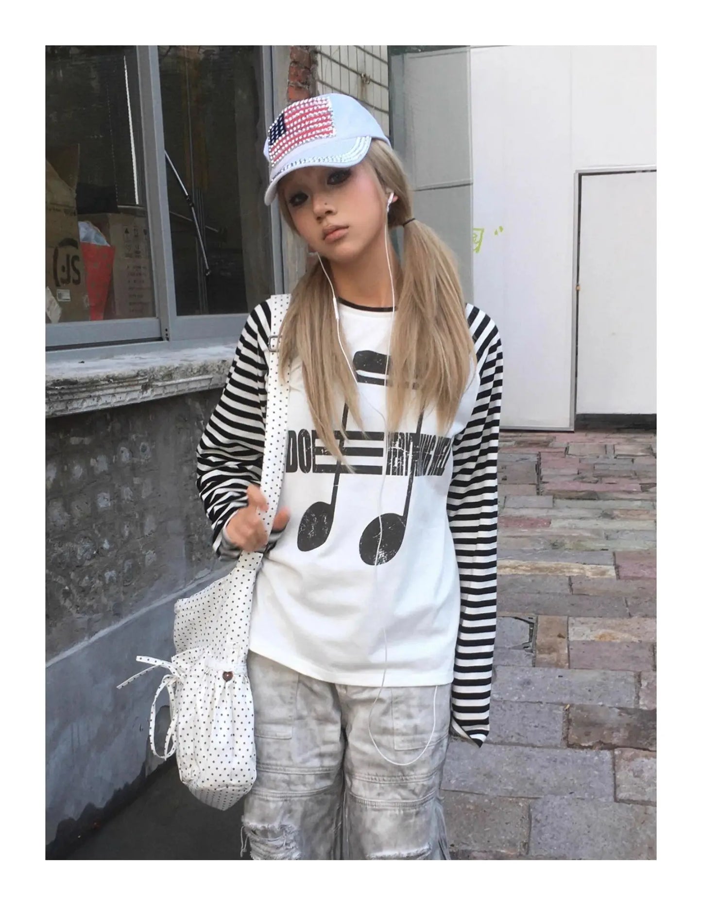 Japanses 2000s T-shirt Women Patchwork Print Graphic Tops Streetwear Y2k Vintage Grunge Tops American Retro Tshirts