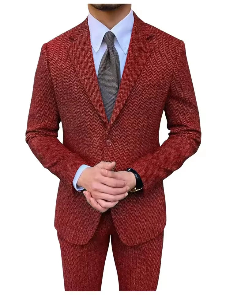Retro British Men Suit 2 pieces (Blazer+ Vest + Pants)Single Breasted Suit Jacket Formal Fashion Herringbone Wedding Business