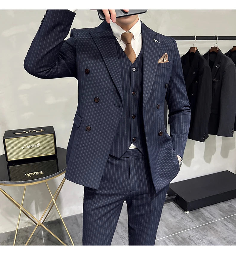 ( Blazer+Vest+Pants ) Groom Wedding Male Suit Luxury Brand Fashion Striped Men's Casual Business Office Double Breasted Suit