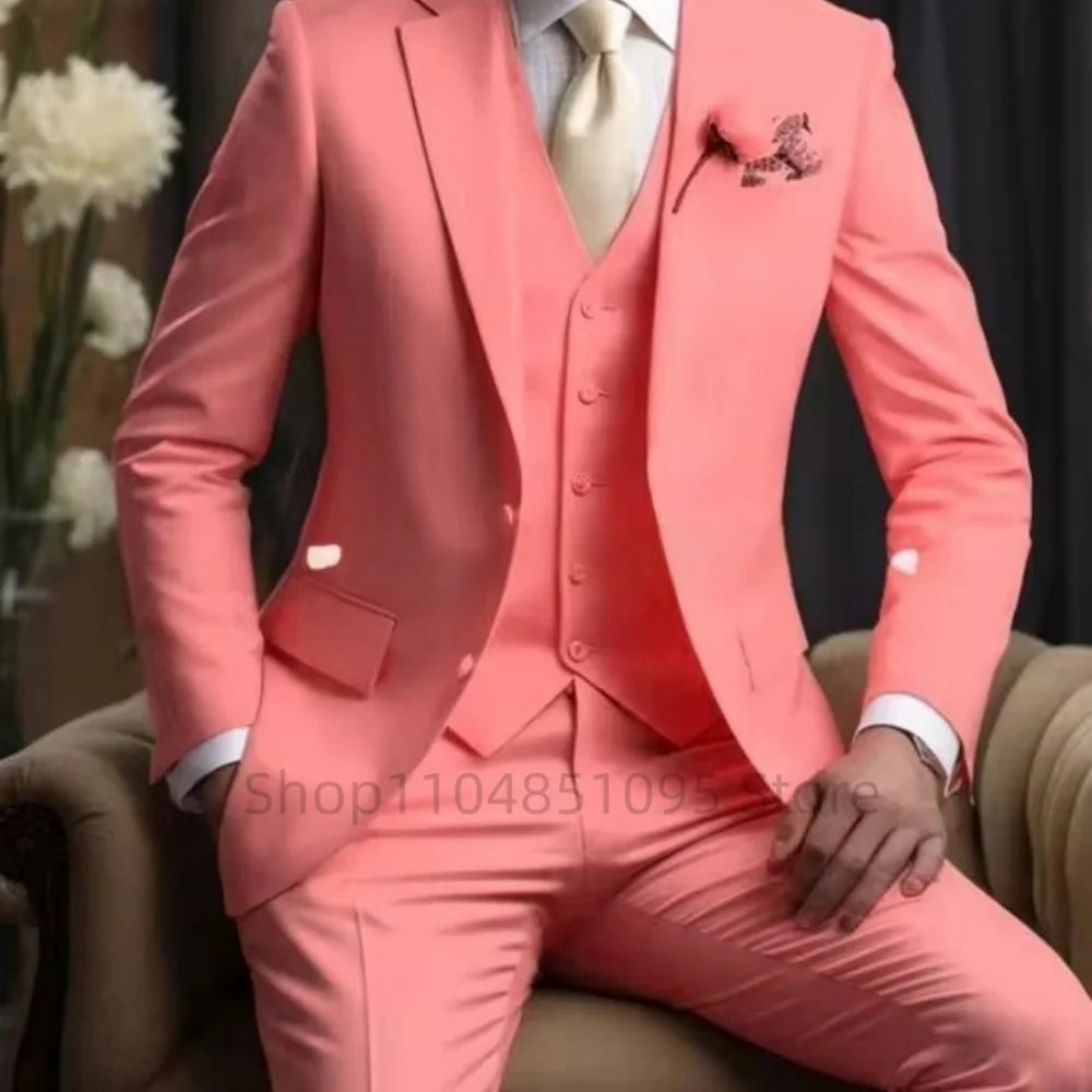 Wedding Light Pink Men's Suit 3 Pieces Formal Business Notch Lapel Blazer Tuxedos Slim Fit Groomsmen Suit Set(Jacket+Vest+Pant)