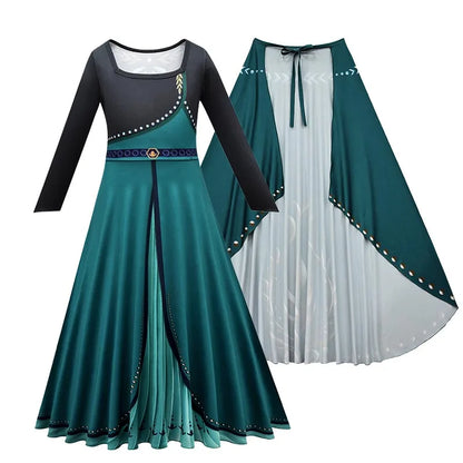 Frozen Coronation Anna Princess Girls Cosplay  Long Sleeve Costume Carnival Party Kids Cloak Clothes Birthday Print Dress