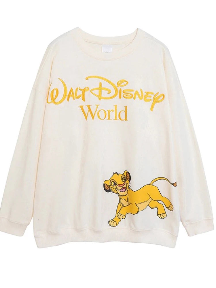 Sweatshirt King of the Jungle Simba Cartoon Print Embroidery Women O-Neck Pullover FleeceJumper Tops
