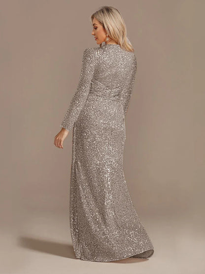 Luxury Floor Length V-Neck Evening Dress 2025 Women Elegant Party Maxi Dress Sequin Long Sleeves Prom Cocktail Dress
