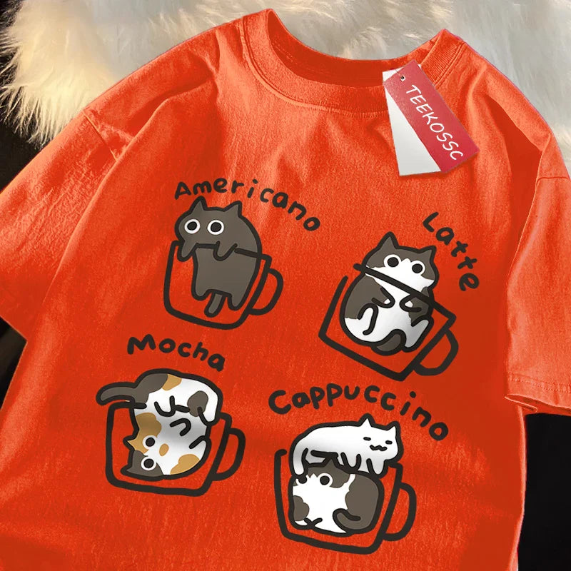 American Style Coffee Cat Print T-Shirts Man Casual Cotton T-Shirt Summer Breathable Tee Clothing Casual Loose Male T-Shirts