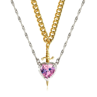 2pcs Can Be Assembled Heart and Sword Zircon Pendant Necklace for Women Men Couple Silver Gold Plated Choker Chain Jewelry