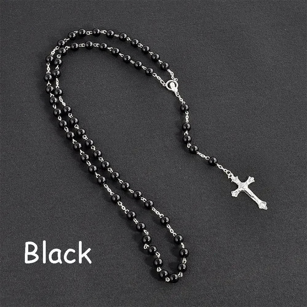 Jewelry Crucifix Charm Vintage Cross Necklace Jesus Rosary Beads Chain Virgin Mary Pendant