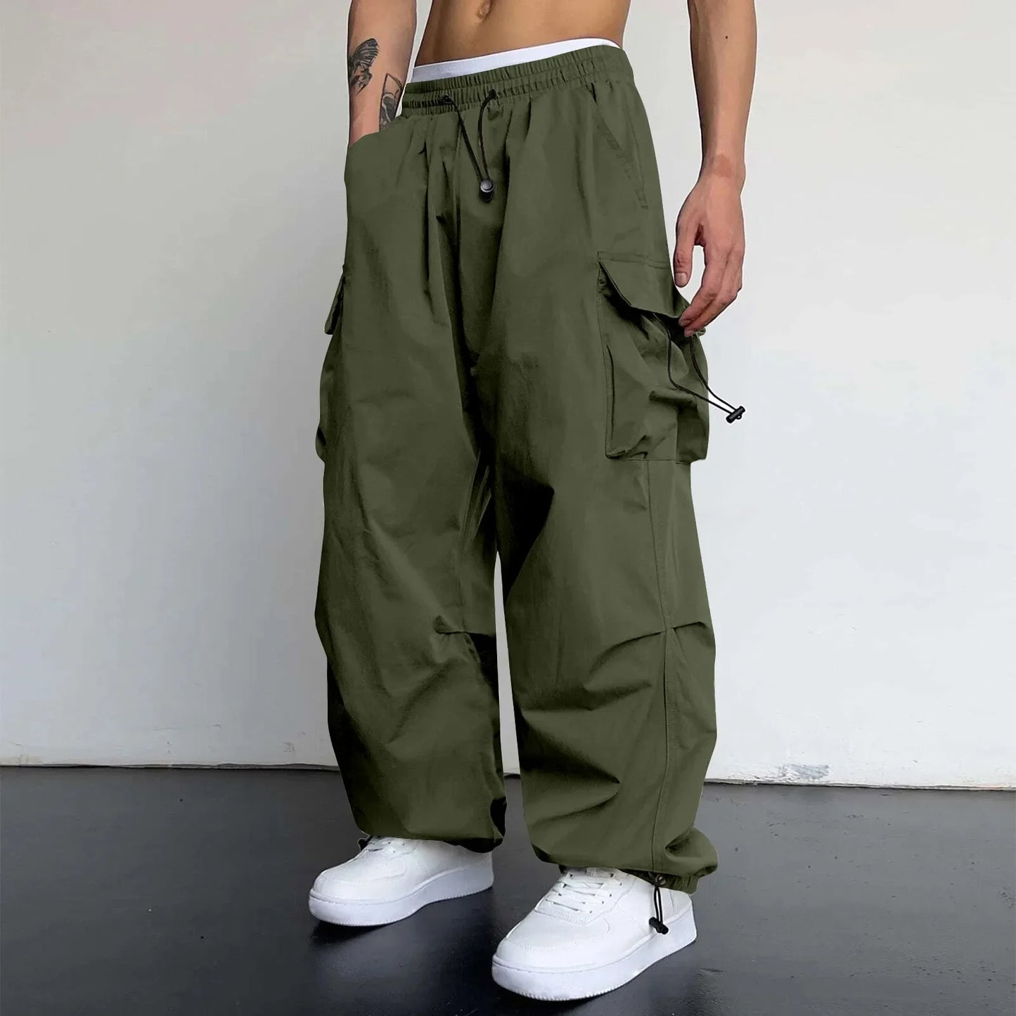 Cool Streetwear Versatile Quicky Drying Wide Leg Low Waist Drawstring Cargo Trousers Fashion Daily Casual Pockets Pants For Male