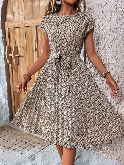 Elegant Print Lace-up Dress Summer Women Round Neck Pleated Medium Long Dress