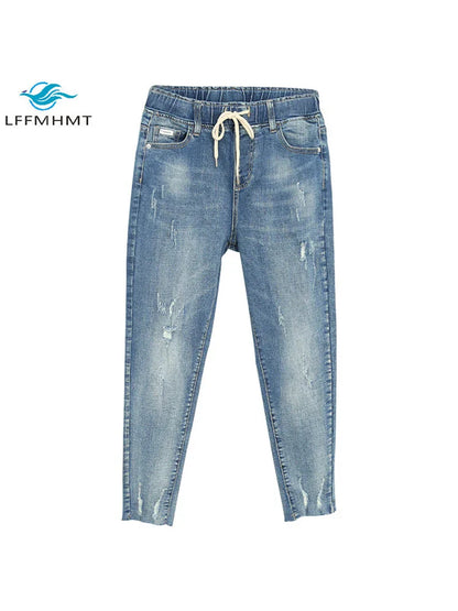 Women Baggy Elastic Waist Jeans Style Ripped Pants