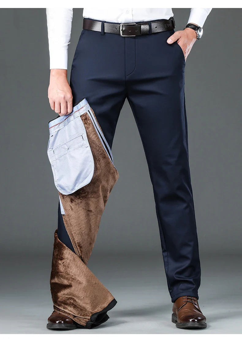 Winter New Flannel Thick Men's Casual Pants Fleece Navy Black Business Straight Slim Stretch Warm Plush Trousers Male