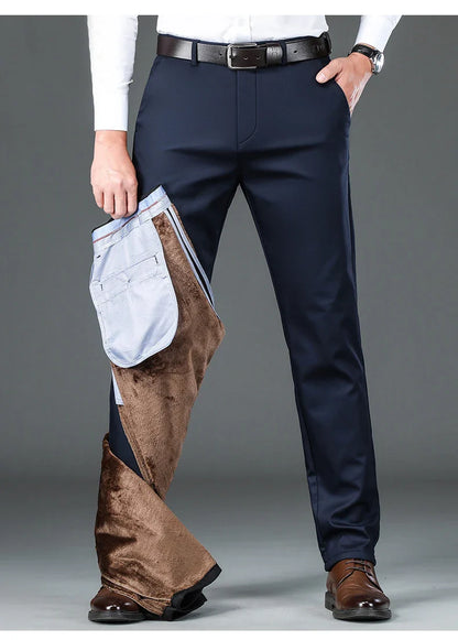 Winter New Flannel Thick Men's Casual Pants Fleece Navy Black Business Straight Slim Stretch Warm Plush Trousers Male