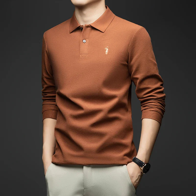 100% Pure Cotton Men's Long Sleeved Polo Shirt, Collar T-shirt, Spring and Autumn Top, No Ironing, Wrinkle Resistant Embroidery
