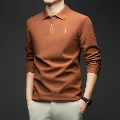 100% Pure Cotton Men's Long Sleeved Polo Shirt, Collar T-shirt, Spring and Autumn Top, No Ironing, Wrinkle Resistant Embroidery