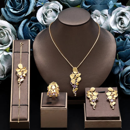 Dubai Saudi Arabia Trendy Gold Plated Pendant 4pcs Necklace Set Fashion Women Cubic Zirconia Jewelry Sets Bridal Accessories