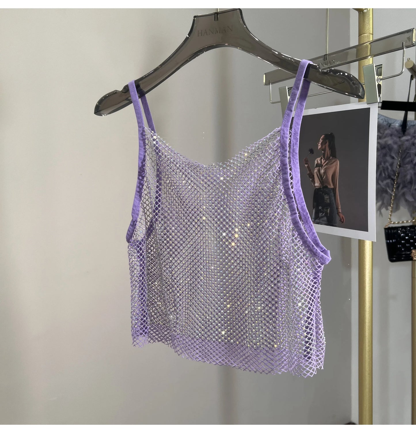 Summer New Mesh Diamond Crystal Short Halter Top AB Color Diamond Sexy Inner Shining Waistless Tops