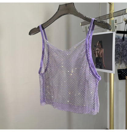Summer New Mesh Diamond Crystal Short Halter Top AB Color Diamond Sexy Inner Shining Waistless Tops
