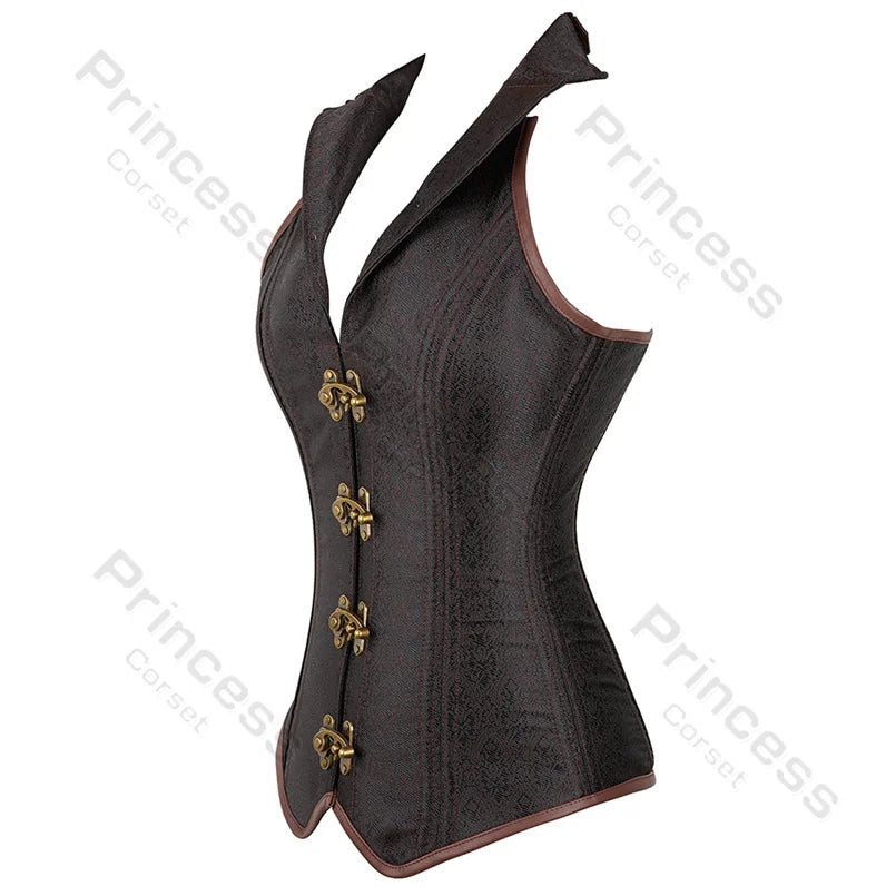 Steampunk Corsets for Women V-neck Gothic Corset Jacquard Corset Vest Cosplay Costume Pirate Corset Brown Black