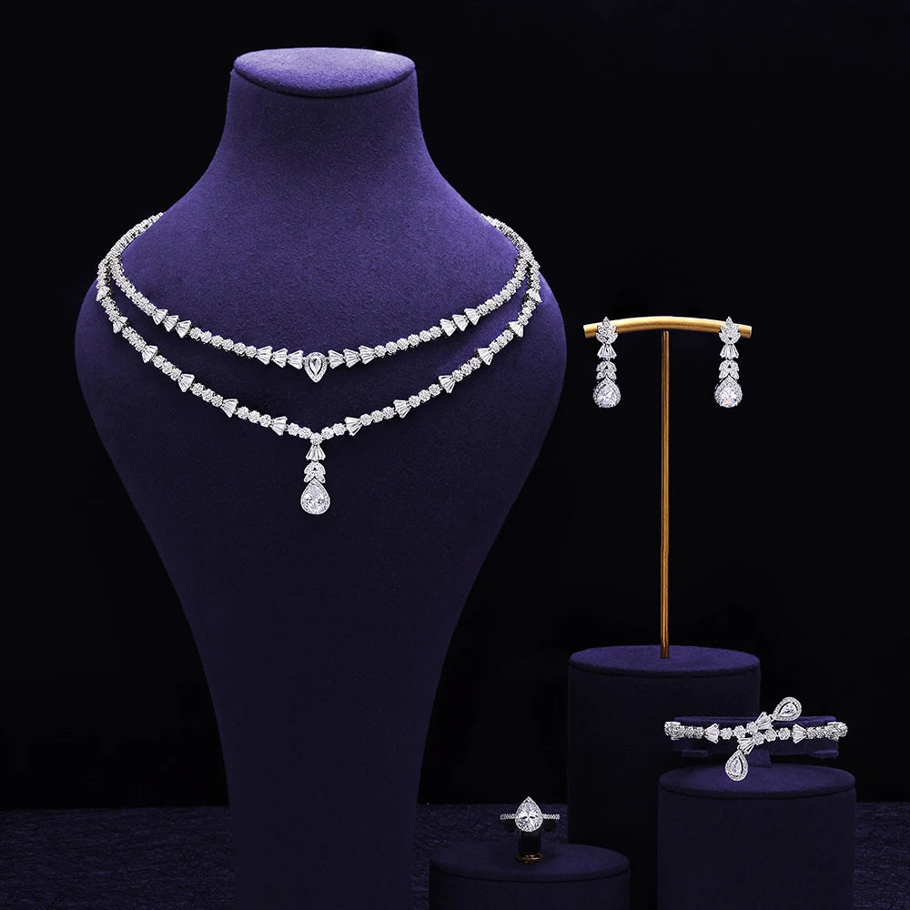 Double Layers Necklace Earring 4 Pieces Sets Luxury Cubic Zirconia Dubai Nigeria Wedding Bridal Jewelry Sets