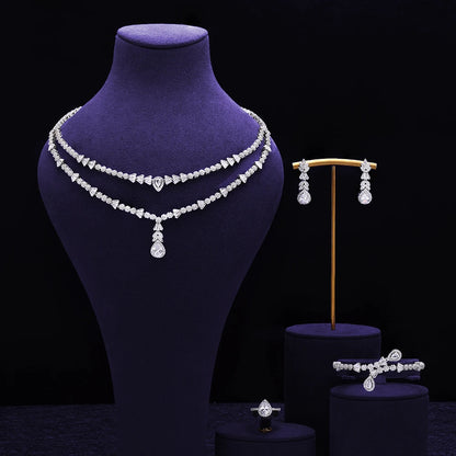 Double Layers Necklace Earring 4 Pieces Sets Luxury Cubic Zirconia Dubai Nigeria Wedding Bridal Jewelry Sets