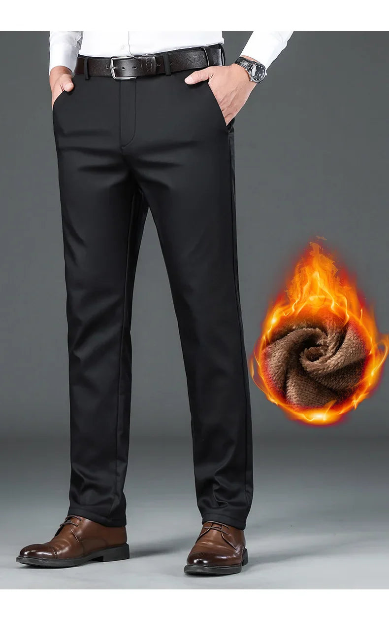 Winter New Flannel Thick Men's Casual Pants Fleece Navy Black Business Straight Slim Stretch Warm Plush Trousers Male