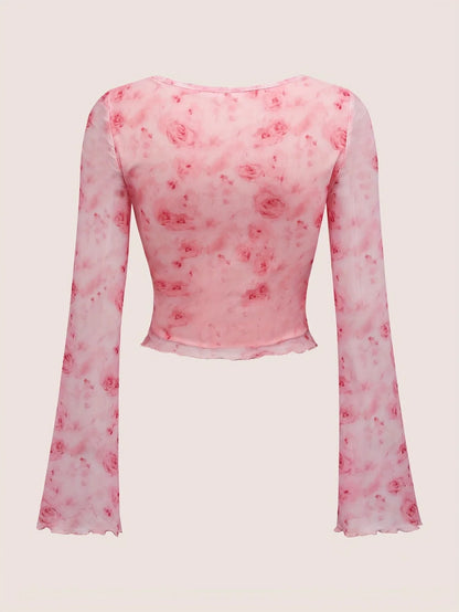 Summer Women's Y2k Floral Printed Sweet V-Neck T-shirts Mesh Beach Party Dress Top Flare Sleeve Square Collar Lace Up Shirt 2025