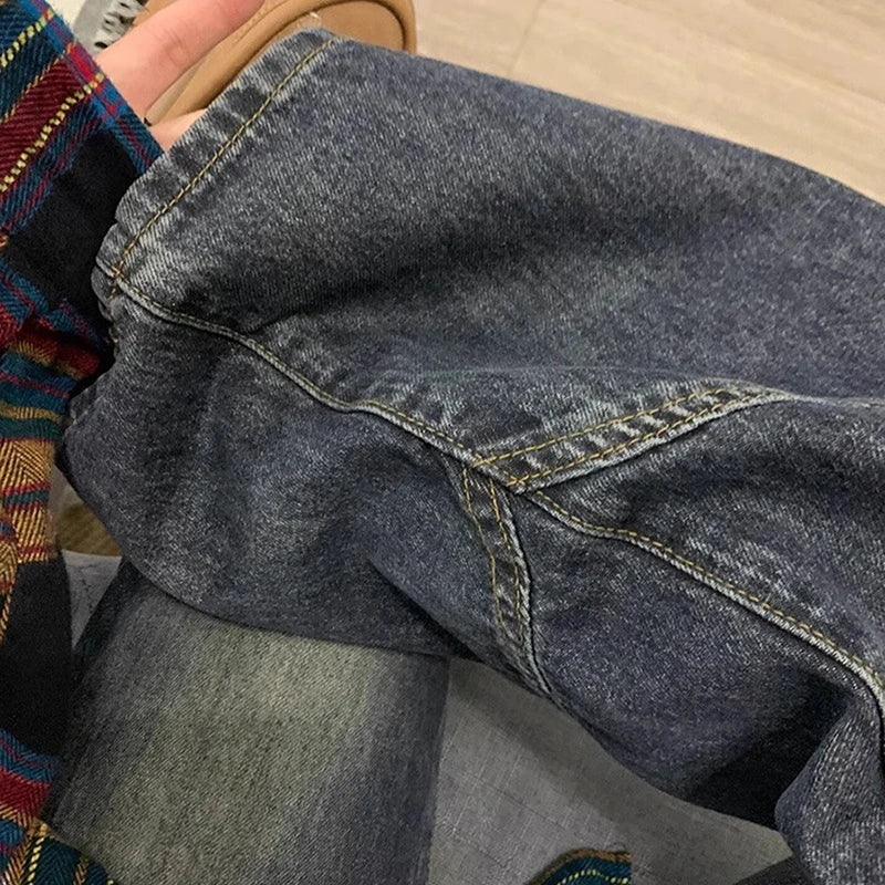 Calça Jeans Y2K Spicy Girl Série Escura Perna Larga Feminina Nova Streetwear Splicing Solta Cintura Alta Modeladora Boca de Sino