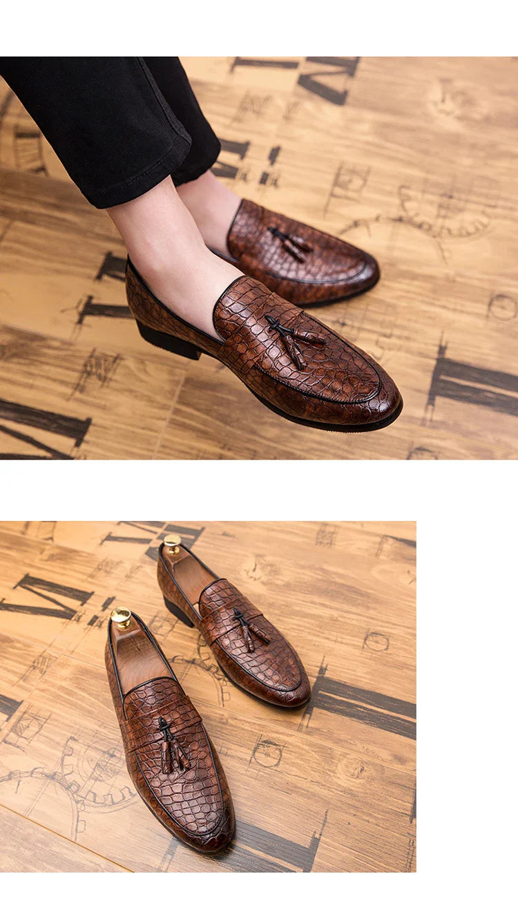 Mens British Loafers Solid Color Pointed Toe Tassel Slip On Classic Fashion Business Casual Formal Wedding Dress Shoes for Men
