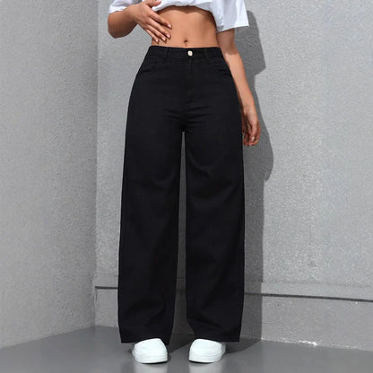 Women Streetwear Jeans Washed Distressed High Waist Straight Trousers