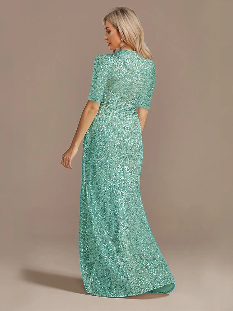 Vestidos de Noite Luxuosos Longos até o Chão Decote V Feminino Elegante para Festa de Casamento Vestido Maxi Lantejoulas Mangas Curtas Vestidos de Baile Coquetel