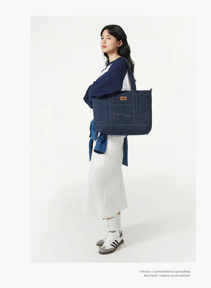 Unisex Utility Canvas Leather Zipper Tote Bag Casual Denim Daily Shopping Handbag Women Man Durable Student School Book Bag