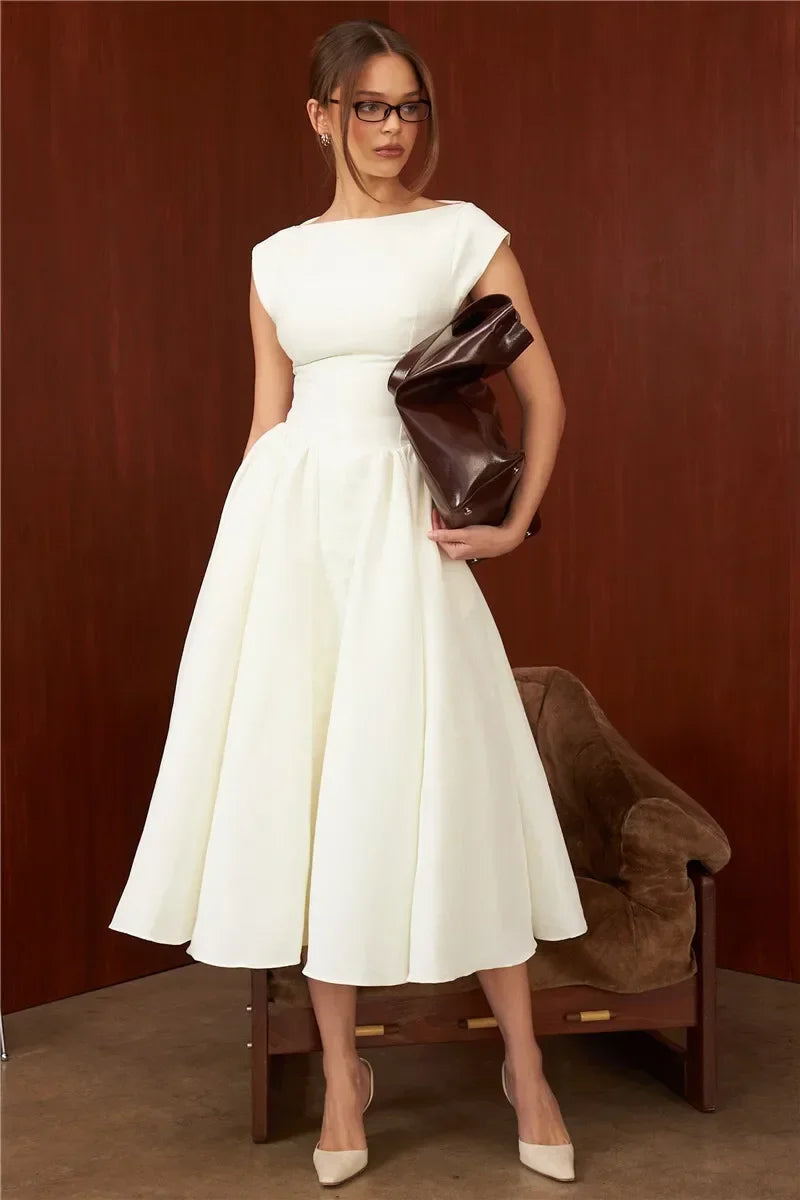 Women Circle Cut Out Back Dress Wide Shoulders and Fitted Waist Prom Dress Fluffy Hem Midi Wedding Party Dresses