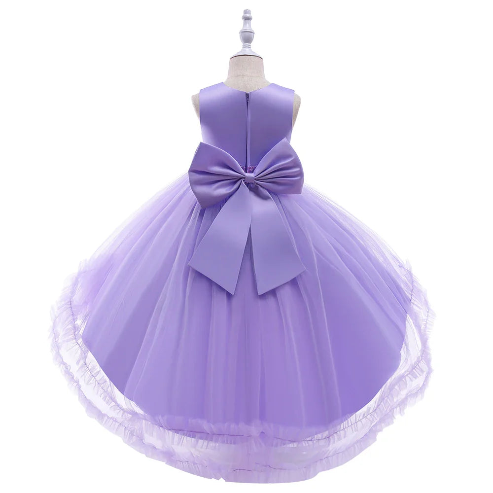 Elegant Trailing Flower Party Girls Dress Summer Wedding Bridesmaid Princess Prom Dress Girl Tull Bow Birthday Evening Ball Gown