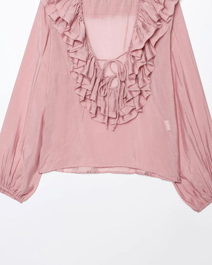 Women Fashion Long Sleeve V Neck Tierred Ruffles Loose Blouse Female Solid Color Casual Shirts Blusas Chic Tops LS6317
