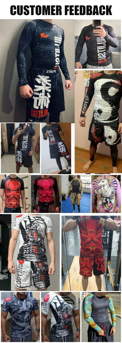 Popular Beach Surf Wear Short Sets For jiu jitsu Bjj No Gi Rashguard+Grappling Shorts Cool Westling stretchy Running Gym Clothes