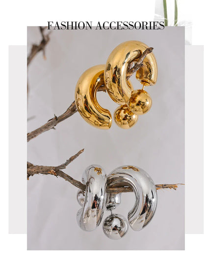 Stainless Steel C Shape Round Chunky Unusual Earrings Jewelry Waterproof Metal Texture Attractive Women Accessories Gift
