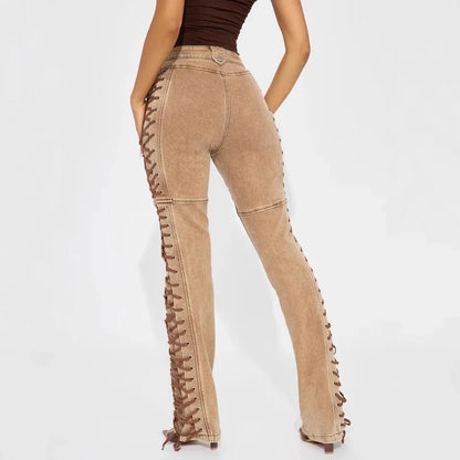 Spliced Draw String Denim Ankle Length Pants